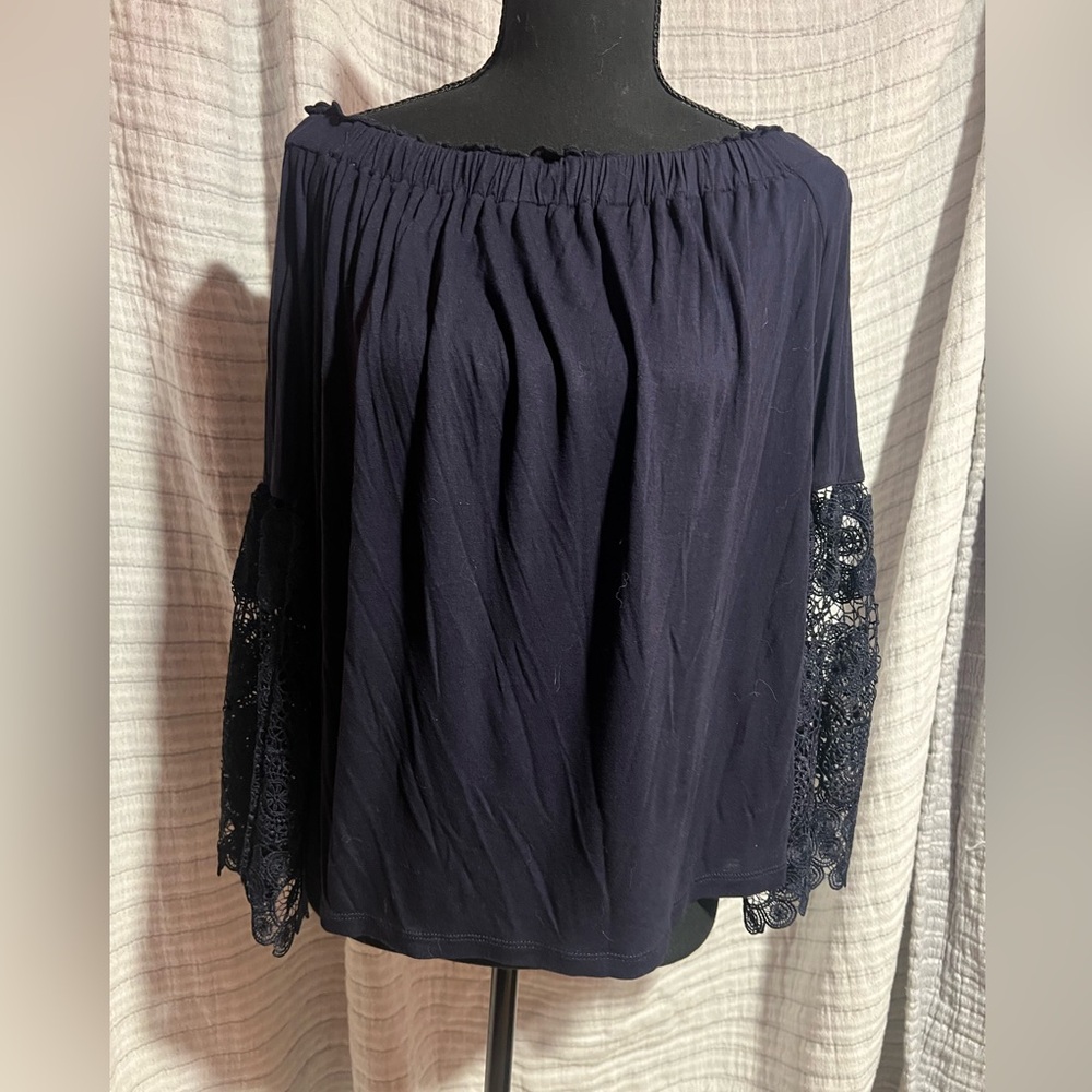 LOFT Navy Off-Shoulder Blouse with Lace Detail